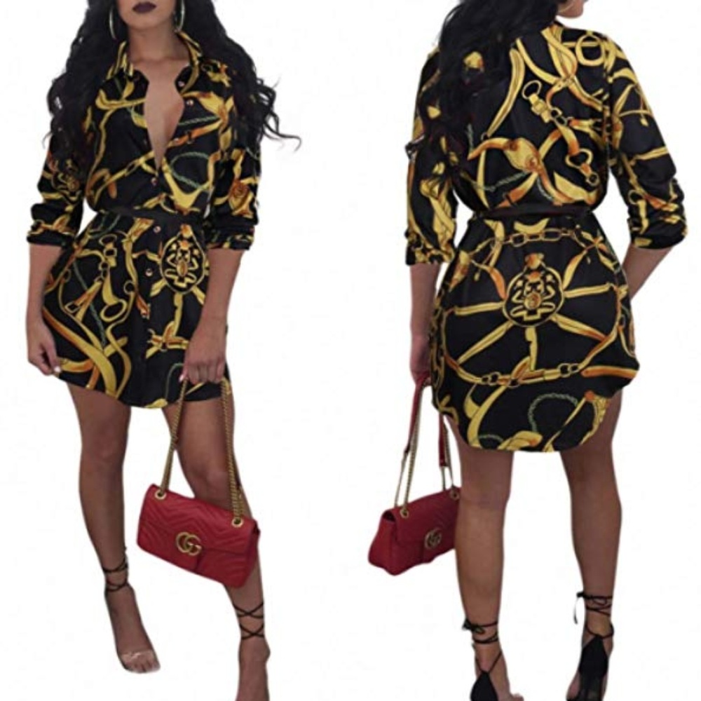 Floral Chain Button Down Collar Long Shirt Dress